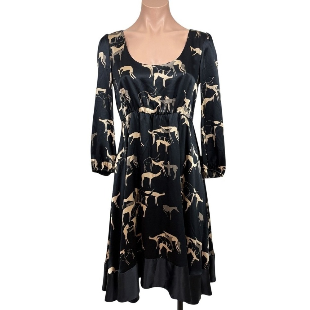 Ulla Johnson Black Tan Horse Print Silk Empire Waist Midi Dress Size 4 Long Slvs